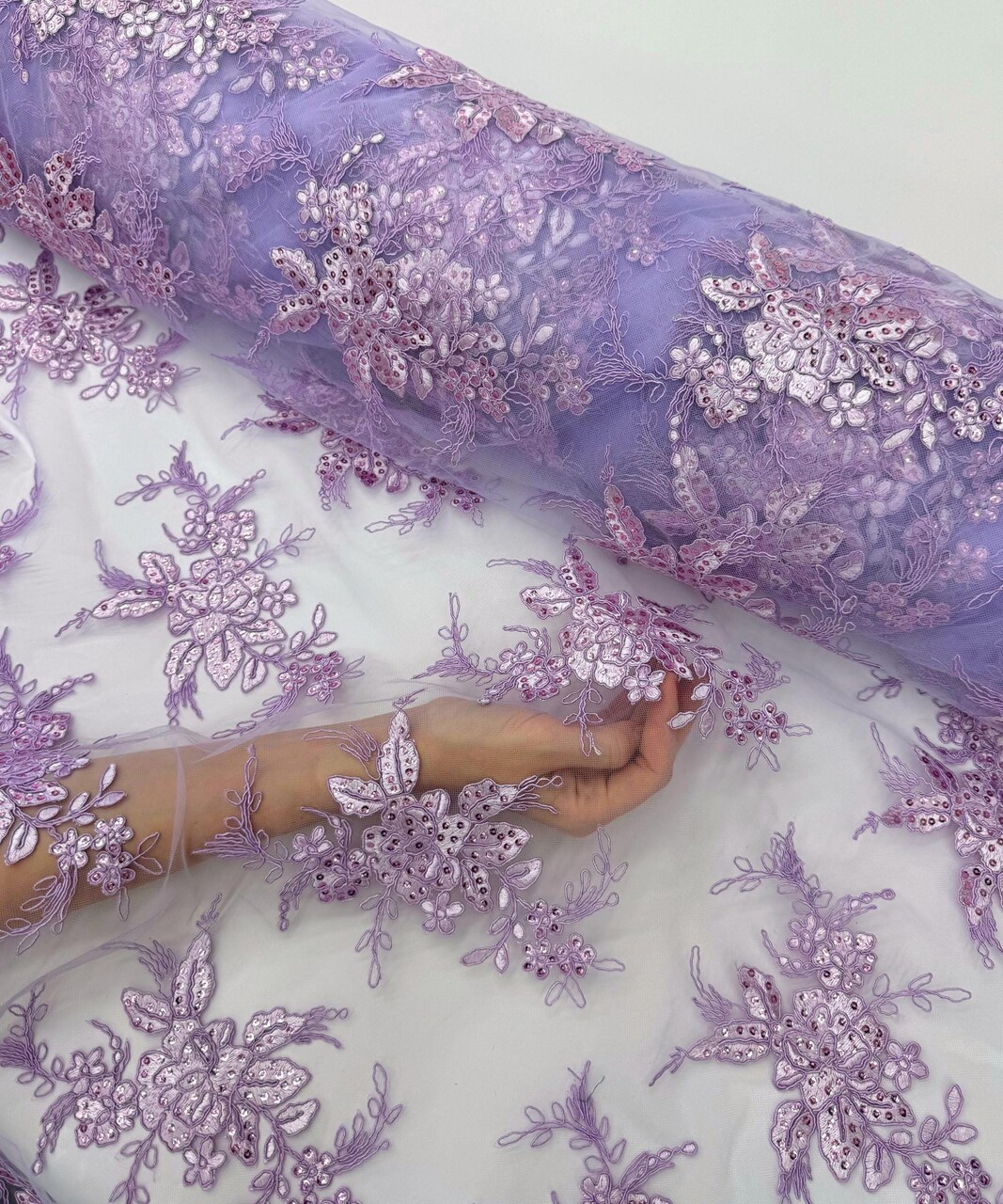 Lavender Sequin Embroidered Lace Fabric by the Yard, 54" Wide Floral Mesh Lace with Double Scalloped Edges